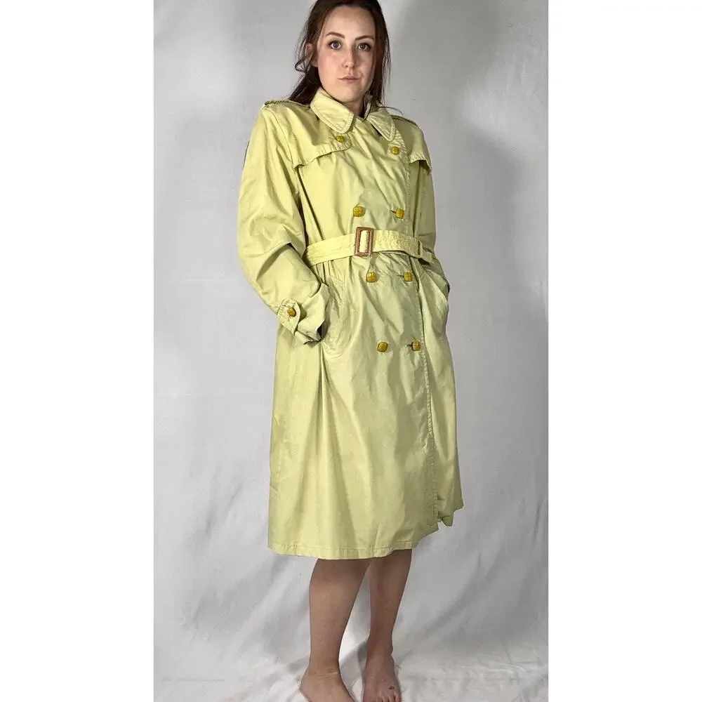 Vintage 1980s Hand Dyed Ombre Dip Dye Trench Coat Yellow Green Double Breasted